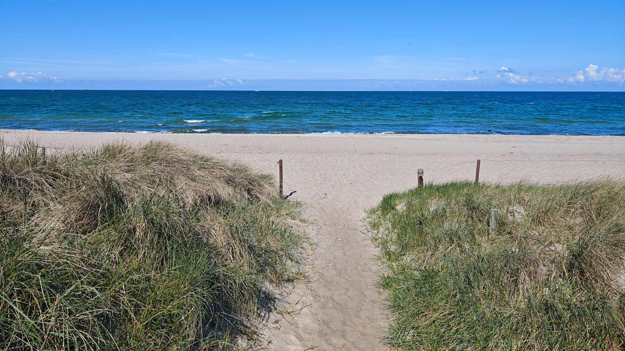 Ein Strand mit dunkelblauem Wasser